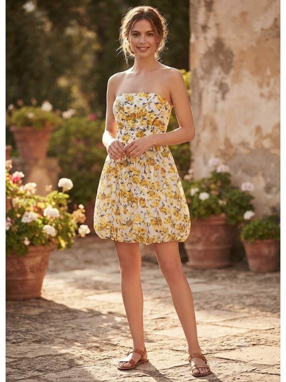 Urban Outfitters Pins And Needles Yellow Floral Strapless Cotton Dress S